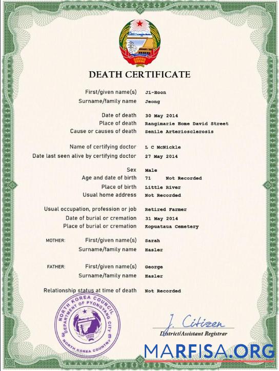Printable North Korea death certificate PSD template